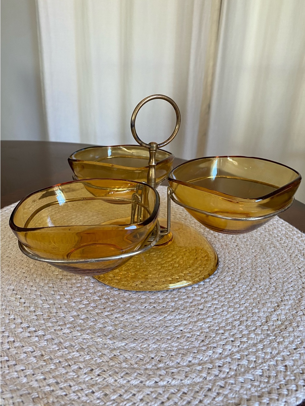 Vereco France Amber Glass Condiment Snack Serving Set Caddy MCM Vintage